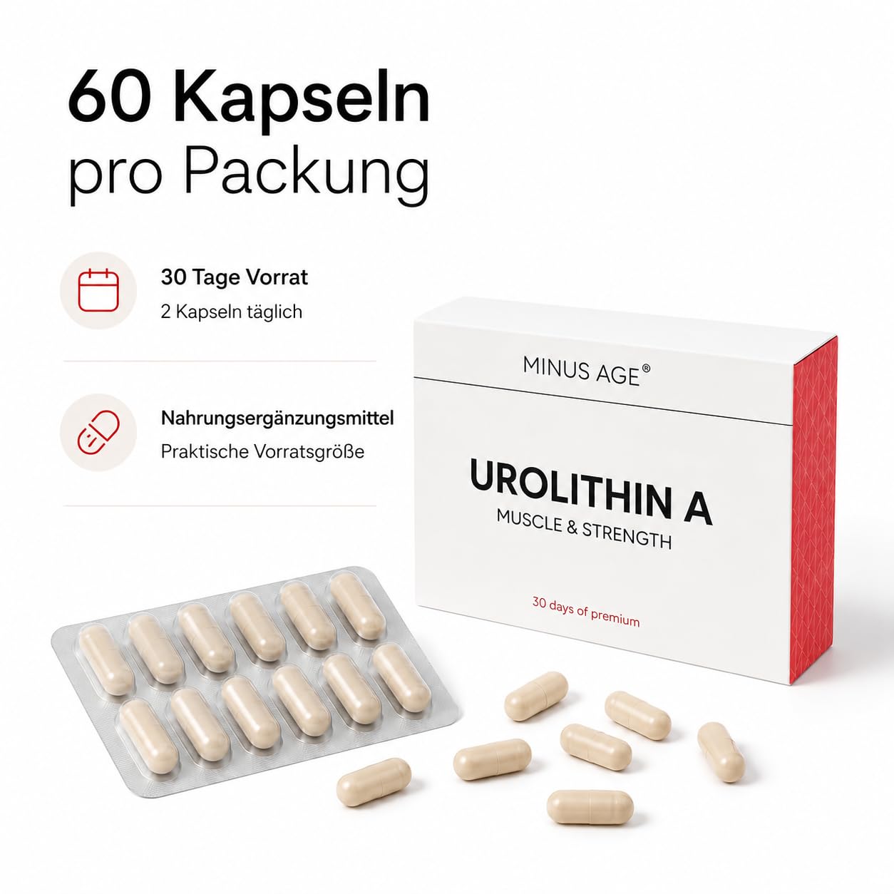 Urolithin A Kapseln 500 mg, 60 vegane Kapseln | Nahrungsergänzungsmittel, glutenfrei, laborgeprüft