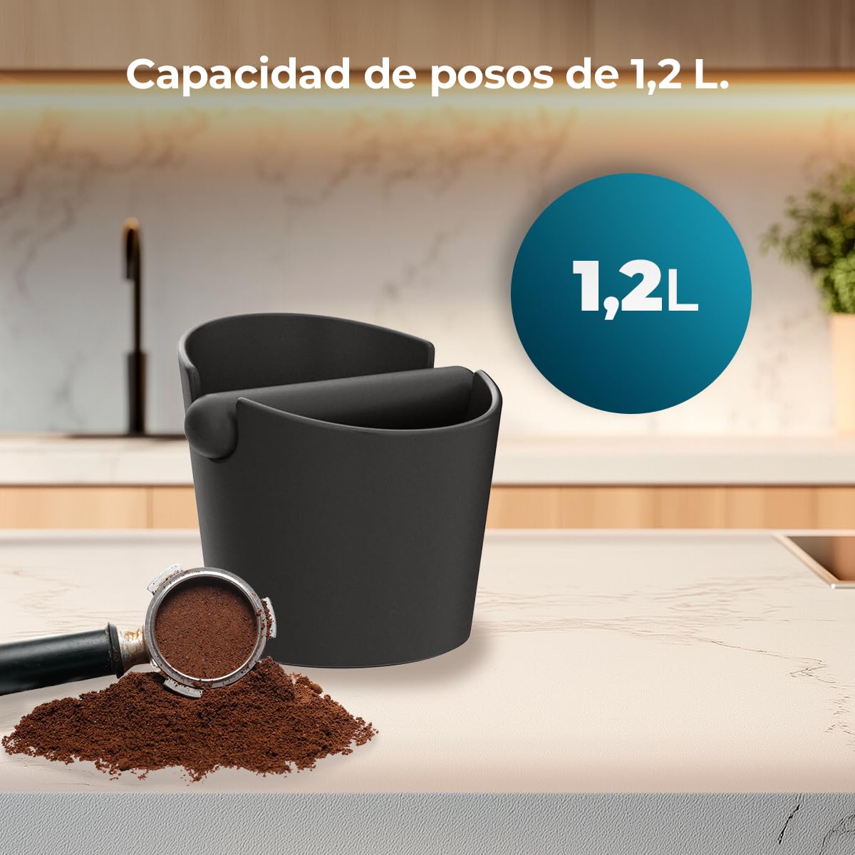 Cecotec Contenitore per fondi di caffè da 1,2 l Baristeo Throw&Away Large. Compatto, dimensioni: 15 x 13 x 15 cm, design ergonomico, materiale ABS, barra di battuta metallica con gomma, base