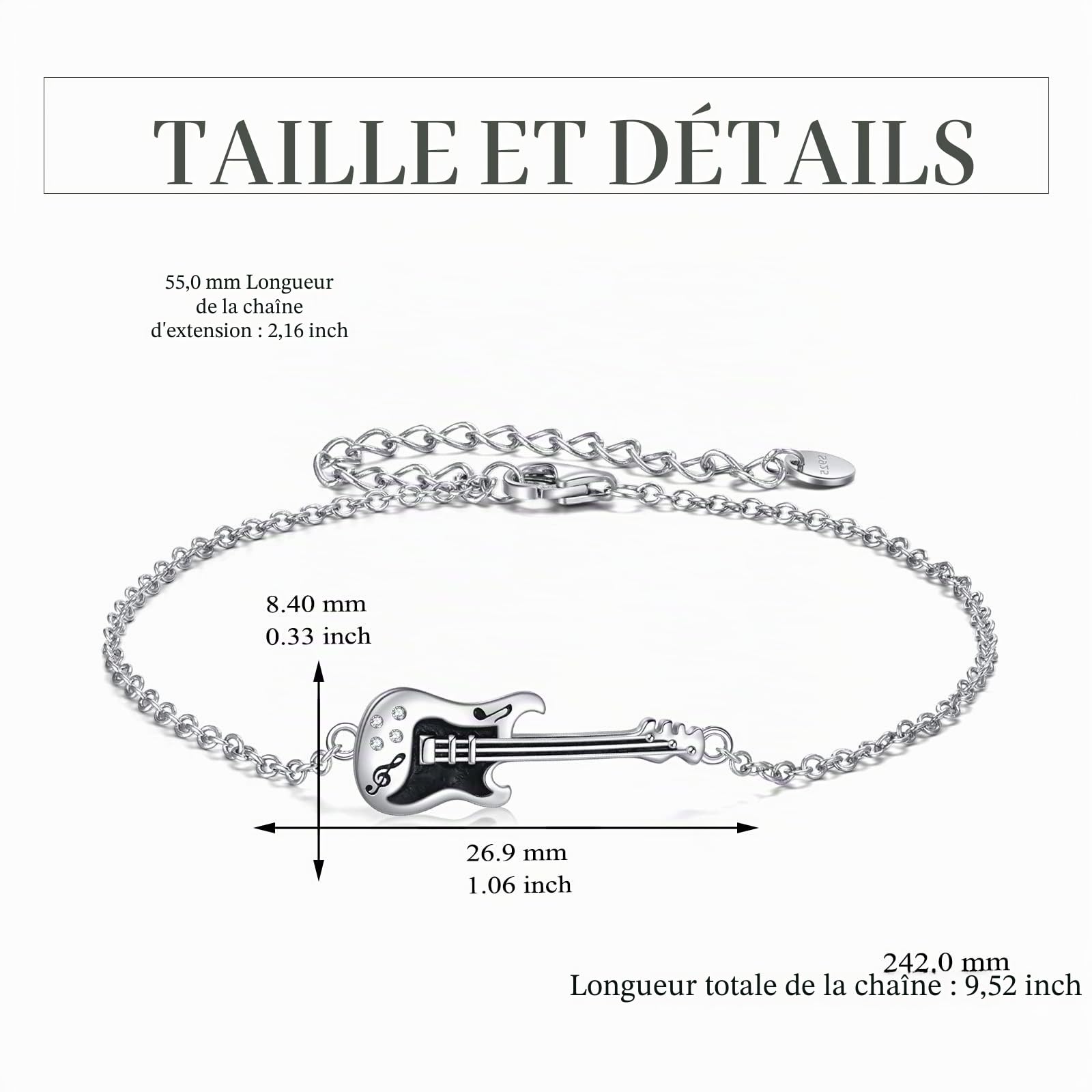 YFN Bracelet Guitare Argent Sterling Bijoux Musique Cadeaux Punk Rock pour Femme Homme Fille Garçons Amoureux de la Guitare