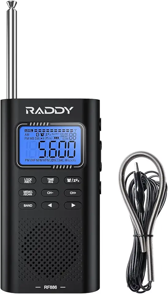 Raddy Rádio de ondas curtas portátil RF886 AM/FM/SW/VHF/WB Conexão BT com NOAA e alerta, bolso recarregável com antena de fio de 2,5 m