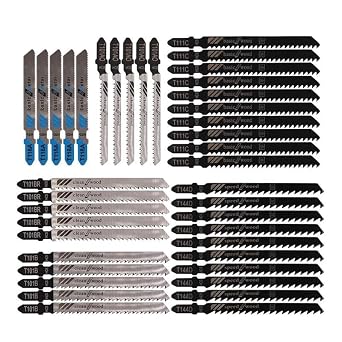 40Pcs T-Shank Jigsaw Blades,T118A T101B T144D for Wood,Metal & Plastic | Supports clean, fast and reverse cutting, fits Bosch, Dewalt, Makita, Ryobi and most jigsaws.