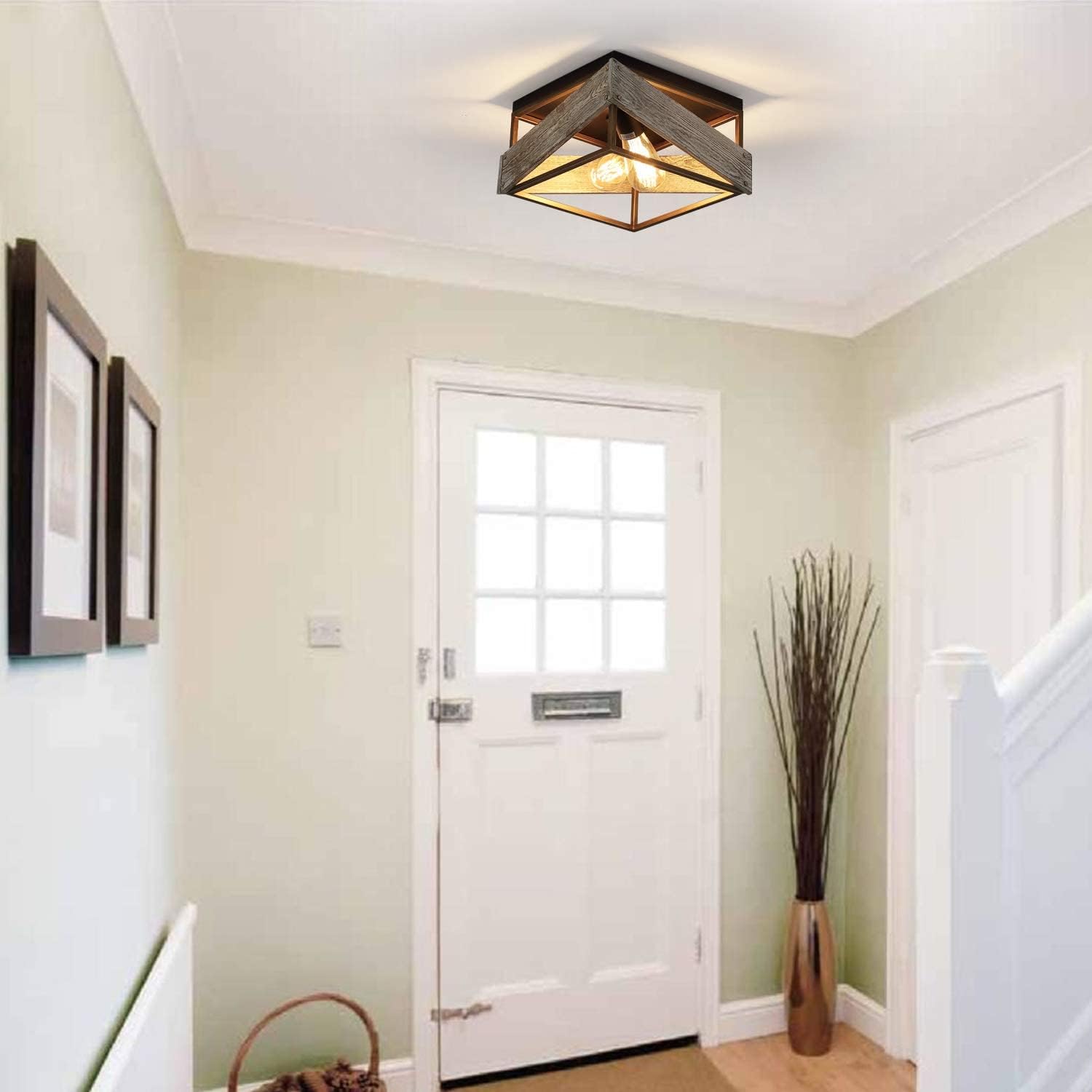 Modern Farmhouse Flush Mount Light Fixture Two-Light Metal and Wood Square Flush Mount Ceiling Light for Hallway Living Room Bedroom Kitchen Entryway,Antique Gold and Black