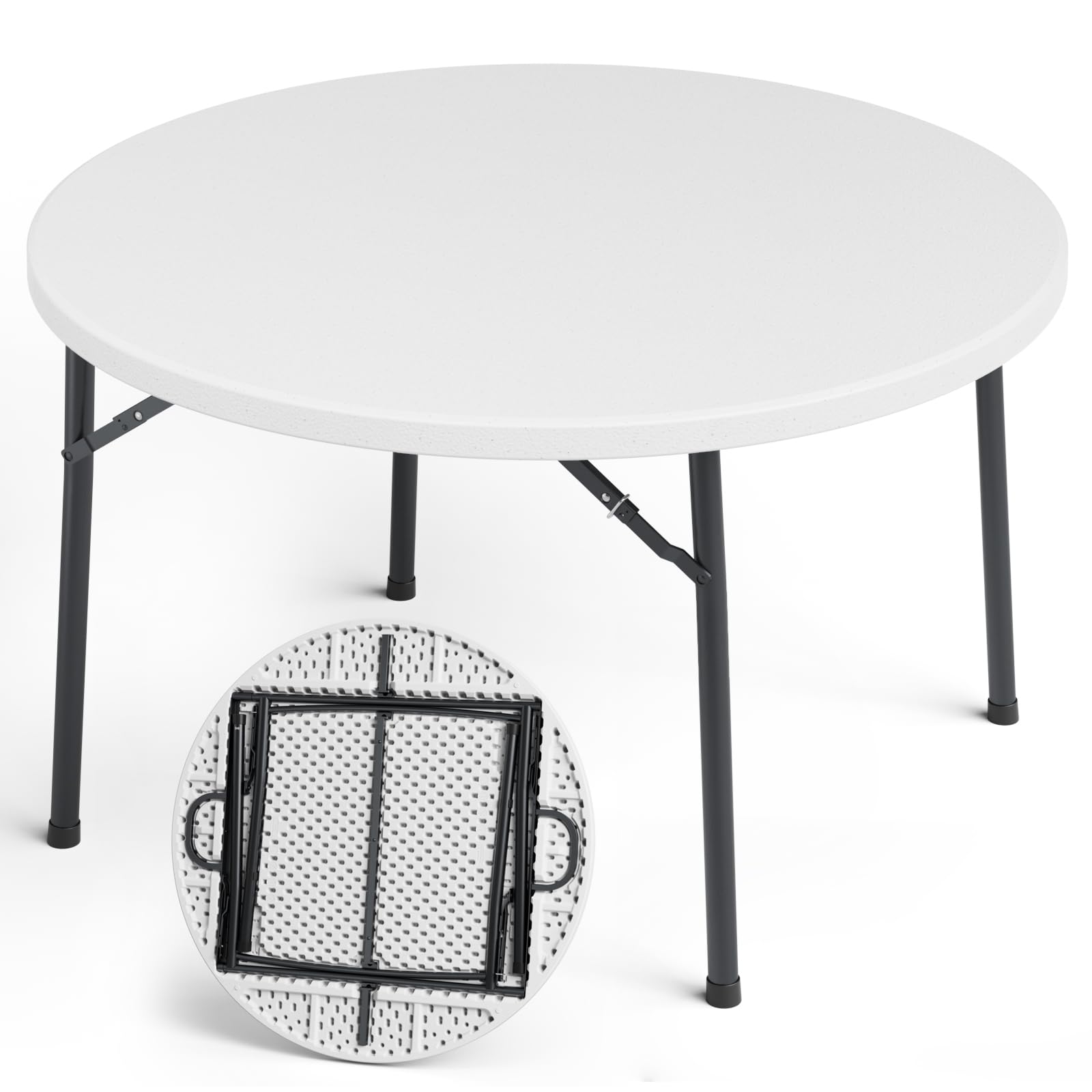 48" folding round table, 48 inch plastic commercial round dinner table with foldable steel legs, portable card table for party, events, indoor, outdoor, white