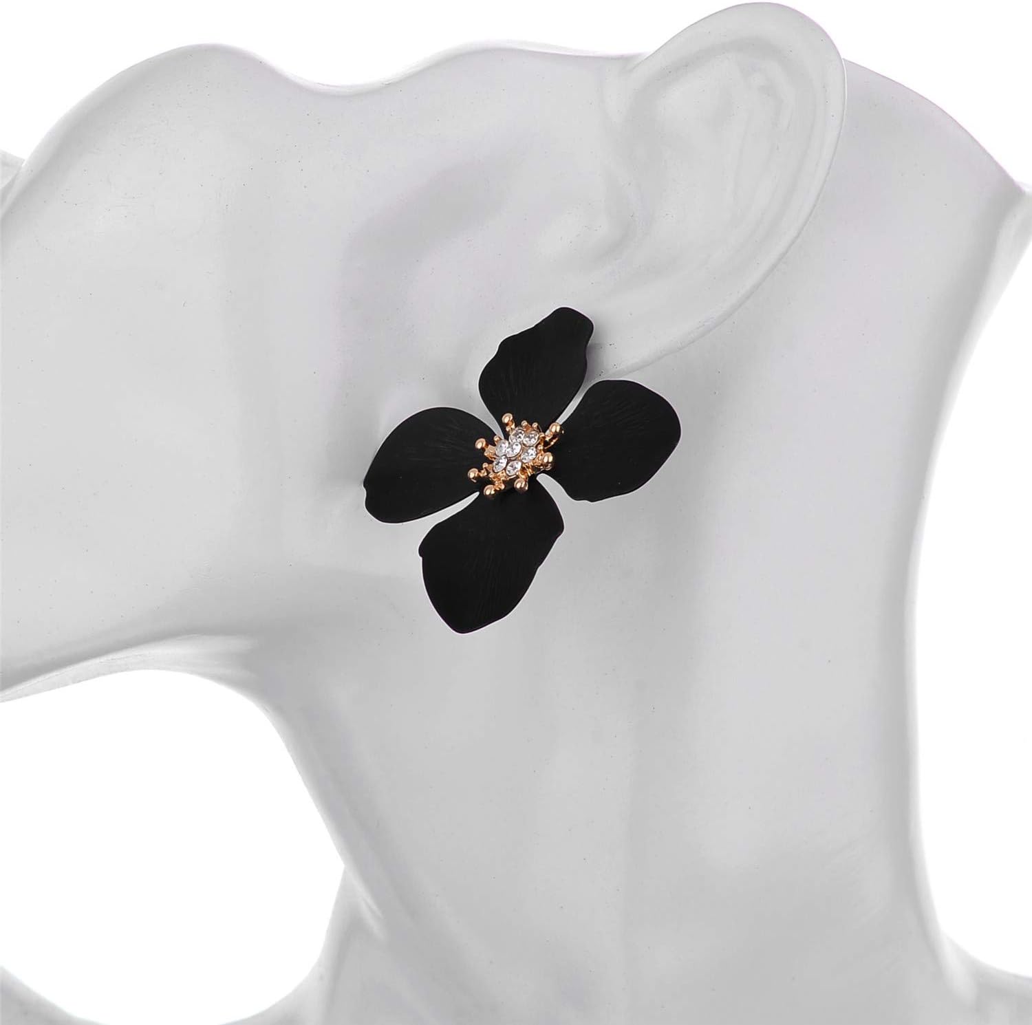 Nicole Miller New York Black Four Leaf Flower Goldtone Center Crystal Rhinestone Stud Earrings