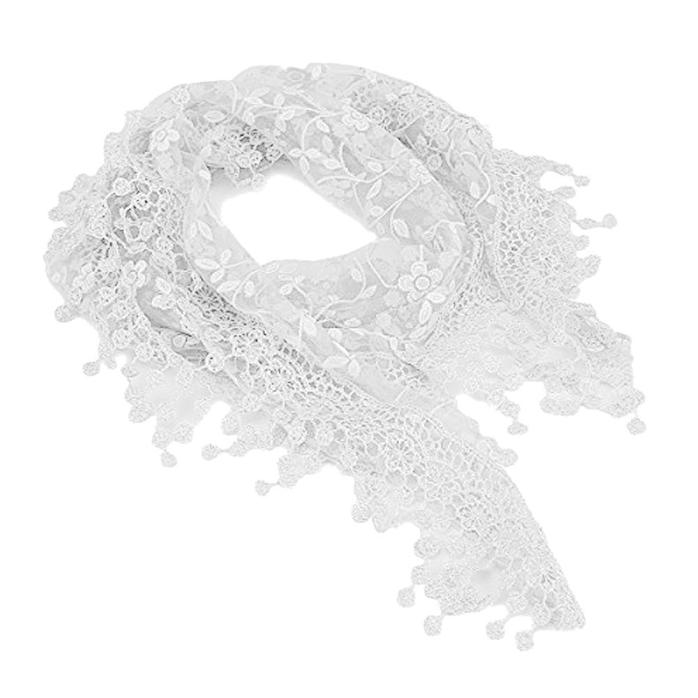 Fsstud Women's White Elegant Soft Lace Hollow Tassel Scarves Triangle Long Wrap Shawl Scarf