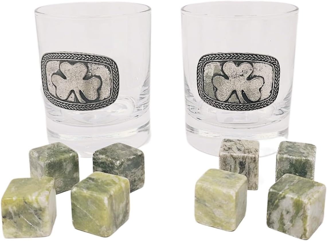 Whiskey Set of 2 Shamrock Glasses and 8 Gin Stones Connemara Marble Chilling Rocks Ice Cubes Barware For Scotch, Bourbon, Liquor and Cocktail Drinks - Men Gift Father's Day Present