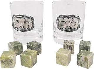 Whiskey Set of 2 Shamrock Glasses and 8 Gin Stones Connemara Marble Chilling Rocks Ice Cubes Barware For Scotch, Bourbon, Liquor and Cocktail Drinks - Men Gift Father's Day Present
