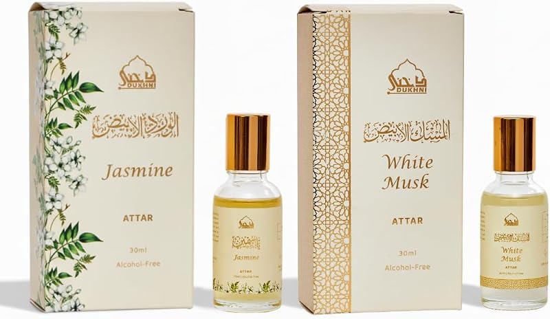 Dukhni White Musk & Jasmine Attar Oil 30ml roll ons, aceites perfumados árabes de larga duración para hombres y mujeres | Juego de aceite de perfume floral premium | Sin alcohol