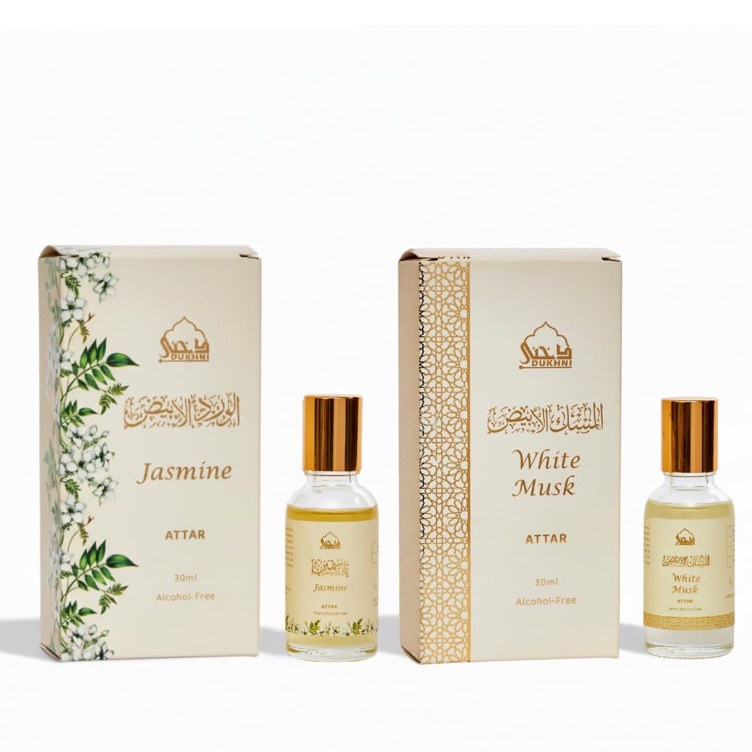 Dukhni White Musk & Jasmine Attar Oil 30ml roll ons, aceites perfumados árabes de larga duración para hombres y mujeres | Juego de aceite de perfume floral premium | Sin alcohol
