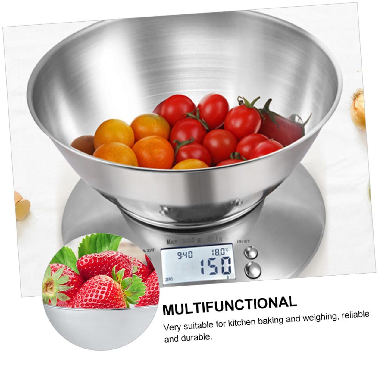 Digital Kitchen Scale Stainless Steel High Precision Electronic Food Weighing Tool with Clock and Removable Bowl for Home Cooking and Meal Prep Random Color