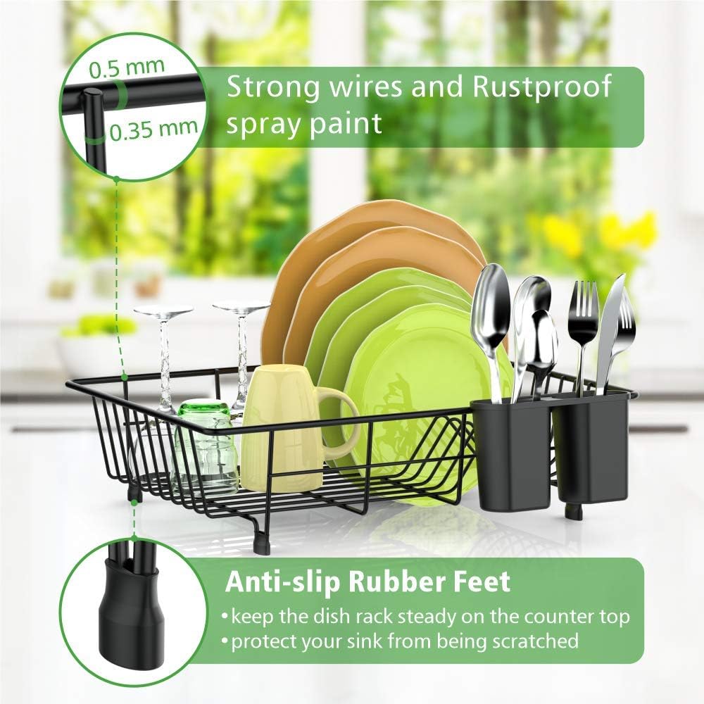 Dish Drying Rack, F-color Dish Rack with Water Tray, Utensil Holder, Anti Rust Dish Drainer for Kitchen Counter Top Dish Rack Wire Holder, 16.4 x 12 x 4.3 inch, Black