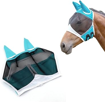 Horse Fly Mask with Ears, 2026 New Horse Half Face Fly Mask Large Eye Space with UV Protection, Breathability Horses Fly Masks for Large Horses Blue, M