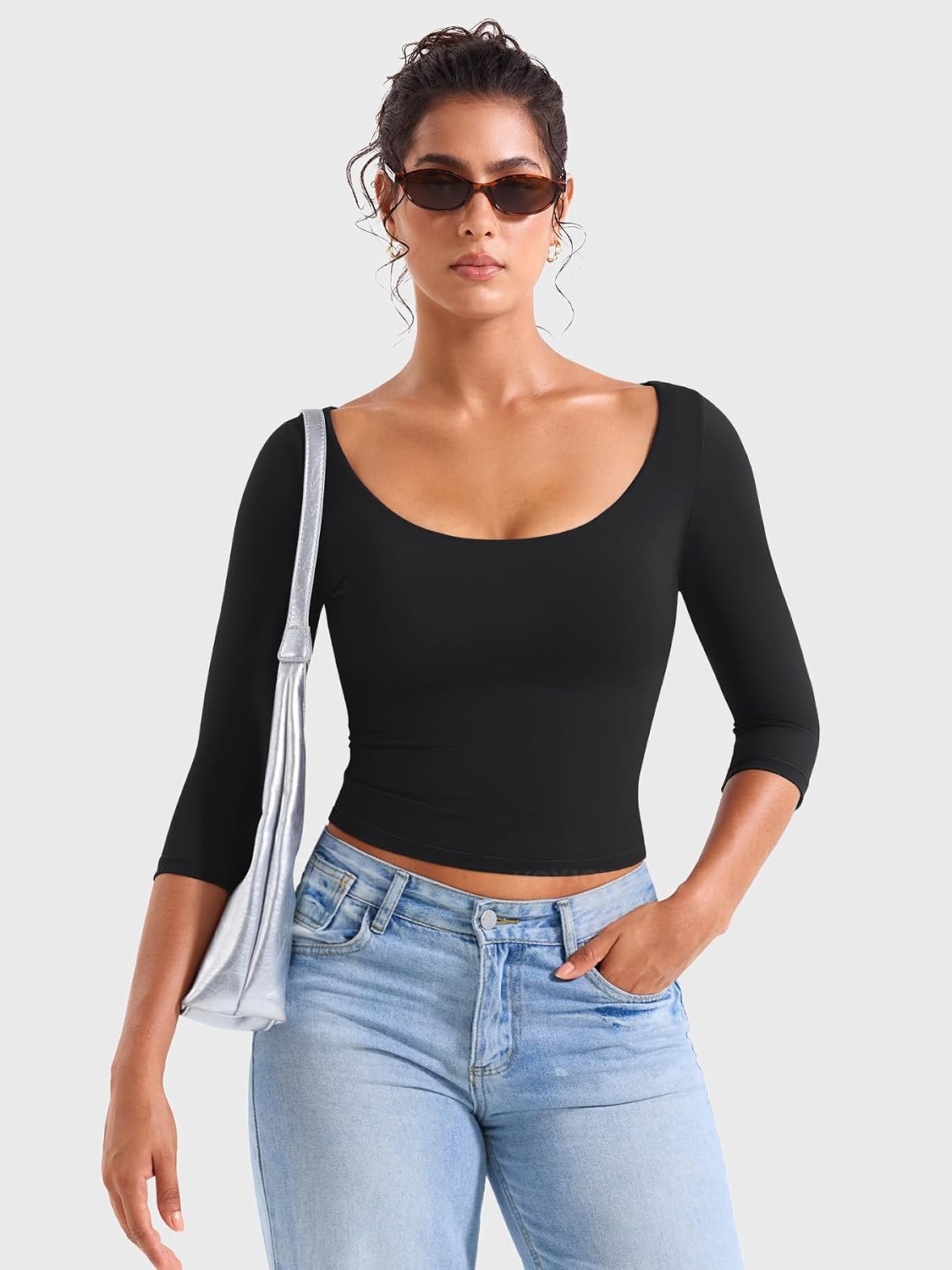 VOYJOY Womens 3/4 Sleeve Top Soft T Shirt Casual Slim Fit Top