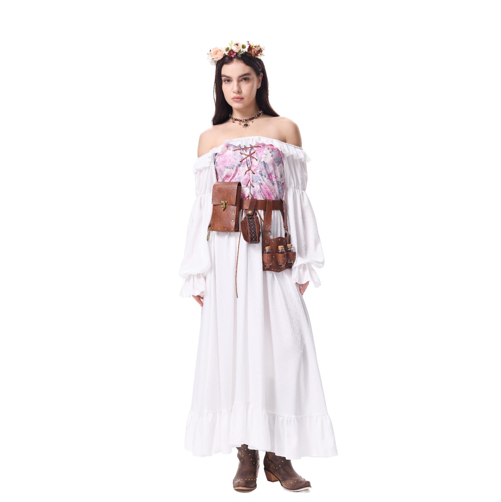 Ansenesna Halloween Kostüm Damen Piratenkostüm Damen Komplett Set | Mittelalter Kleidung Mieder Renaissance Gothic Kleid Vintage Korsett Kleid Elegant Langarm Schulterfrei Faschingskostüme