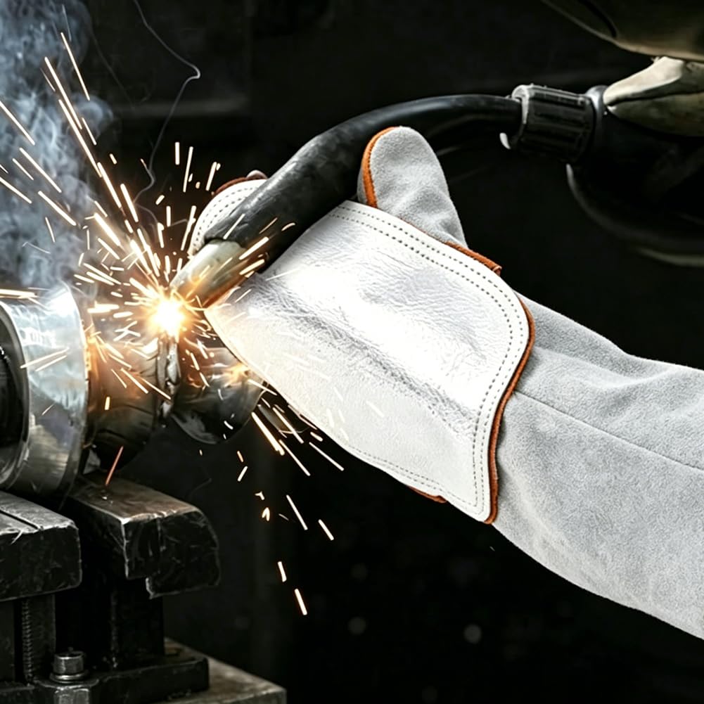 WADORN 1Paar Hand Hitze Schild Schweiß Handschuhe und 4 Stück Schweiß Hand Polster, Geteilt Rindsleder Leder Aluminiumbeschichtet Rücken Hände Polster Handschuhe für Industrie Kessel Schneiden Schutz