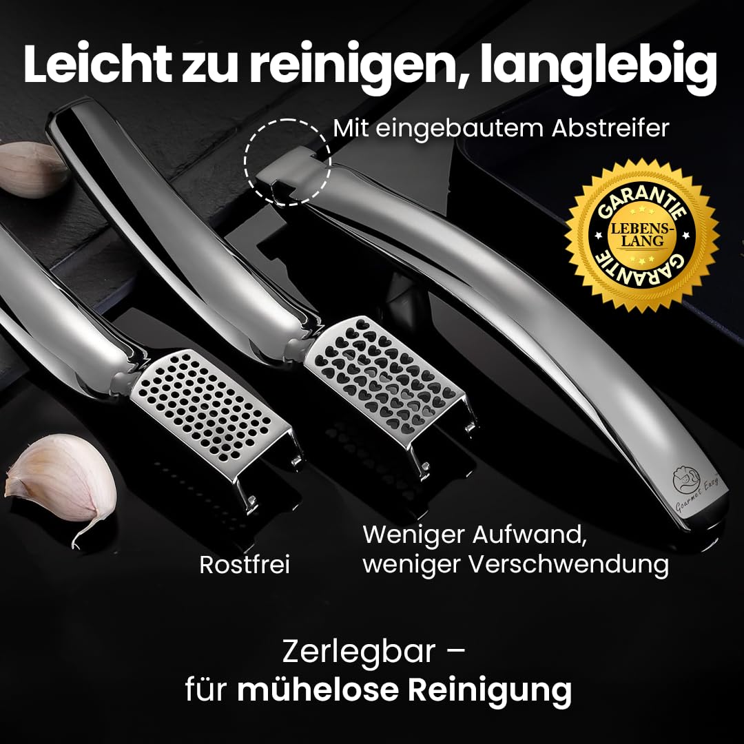 Gourmet Easy Knoblauchpresse, 2 Aufsätze, ohne Schälen, lebenslanger Ersatz | Robuste Knoblauchpresse Edelstahl mit 2 Aufsätzen für feines & grobes Hack, ergonomischer Griff, spülmaschinenfest