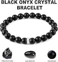 Vista 2 de HOZEAL Pulsera de protección de ónix negro, pulsera de cuentas de ágata negra de cristal para coraje, atrae dinero, riqueza, prosperidad, hecha a