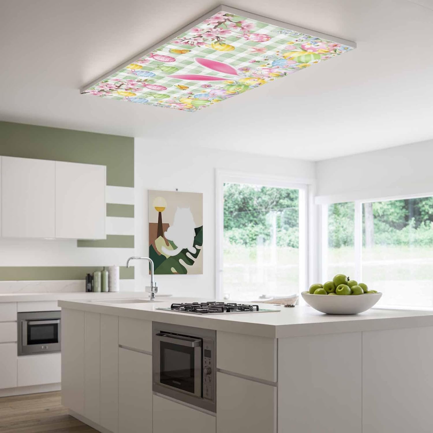2x4 ft Fluorescent Light Cover for Ceiling Easter Egg Rabbit Spring Flower Magnetic Light Filters, Pastoral Plant Green Plaid Ceiling Lampshades for Home School Office 4Pcs