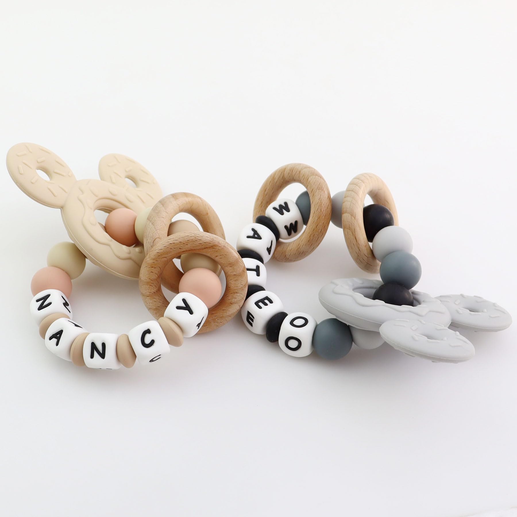 Personalized Baby Teether with Name - Custom Mouse Silicone Teether & Natural Wooden Ring for Boys & Girls - Handmade Unique Baby Shower Gift for Infants & Toddlers (Khaki)