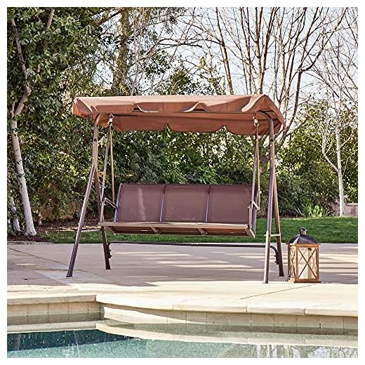 BELLEZE Porch Swing Glider Outdoor Chair Top Tilt UV Resistant Shade Steel Frame 3 Seater Adjustable Sunshade Dark Brown