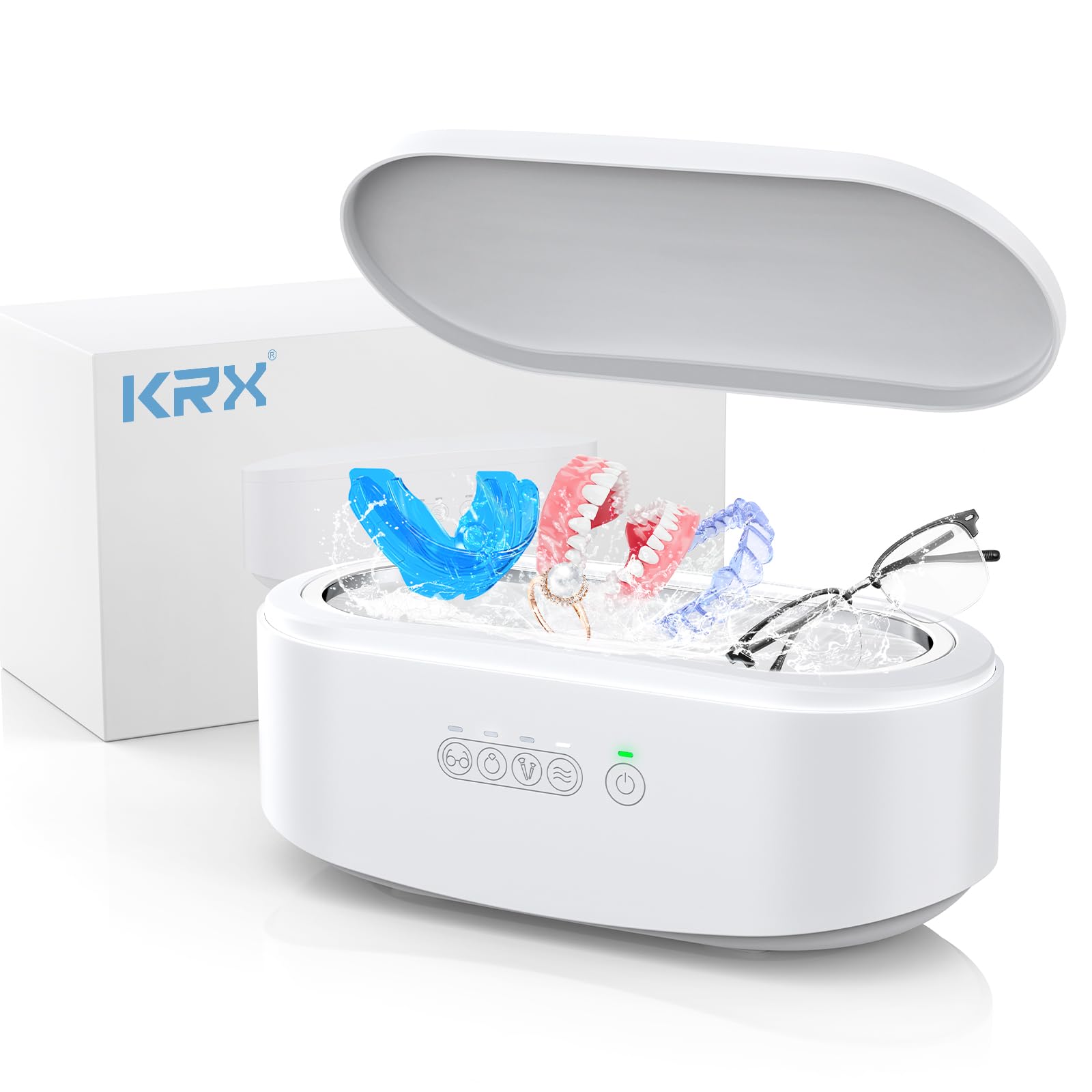 Ultrasonic Cleaner for Dentures, KRX Professional Ultrasonic Cleaner Machine with 4 Time Modes for All Dental, Retainer, Aligner, Braces, Mouth Guards, Toothbrush Head, Jewelry