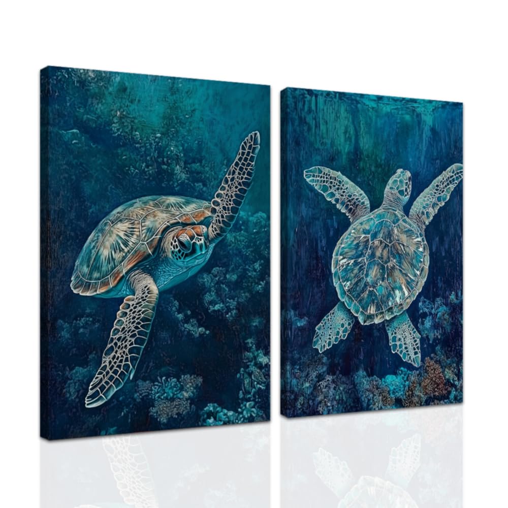 ZXHYWYM Sea Turtles Wall Art Set of 2 Sea Turtles Bathroom Decor Ocean Animal Canvas Pictures Coastal Theme Painting Beach Nautical Artwork Prints Framed (60x90cmx2)