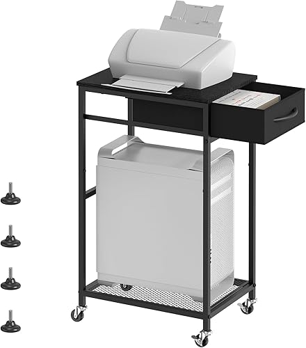 Miniatura 8 de Soporte para torre de computadora, carrito de impresora móvil con ruedas, soporte de CPU rodante de 2 niveles con cajón de almacenamiento, soporte