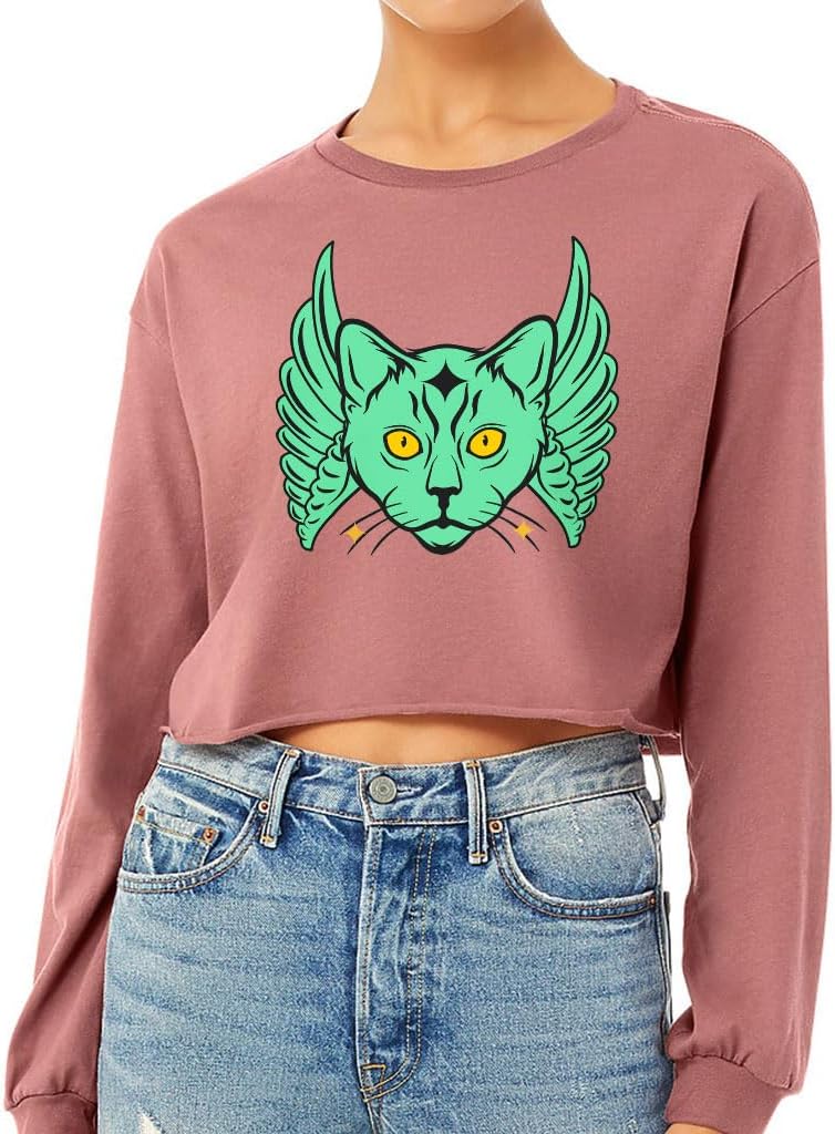 Mystic Cat Print Cropped Long Sleeve T-Shirt - Psychedelic Women's T-Shirt - Illustration Long Sleeve Tee
