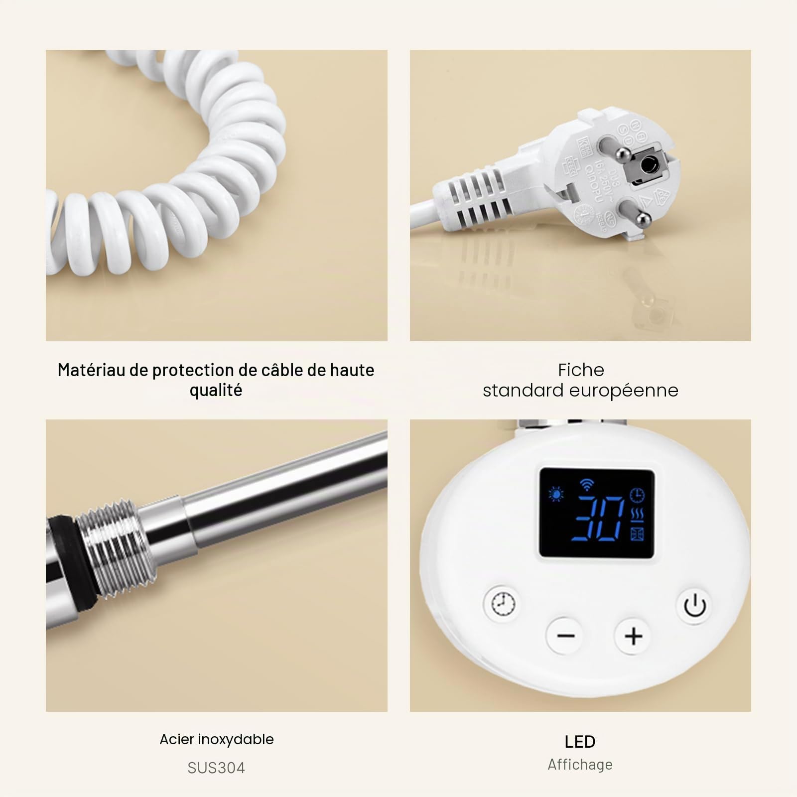 EMKE Barre chauffante avec thermostat pour radiateur de salle de bain 600 W, Smart WiFi Cartouche chauffante en acier inoxydable pour radiateur, sèche-serviettes, sèche-serviettes électrique, blanc