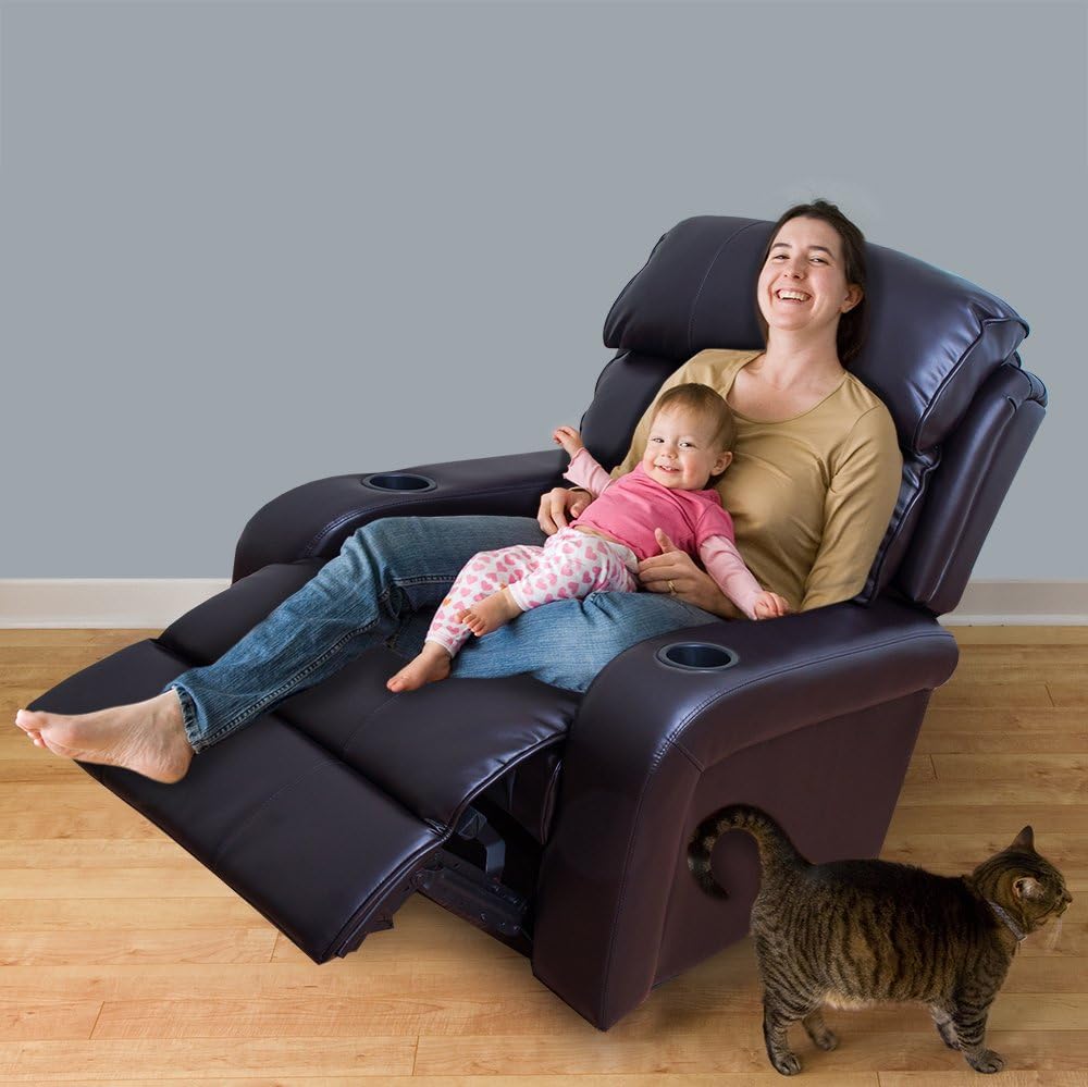 Fibonacci Furniture - Bonded Leather Classic Tufted Motorized Power Push Button Lift Recliner Living Room Chair, Electric Home Theater Sofa Power Recliner Padded Seat with Cup Holders (Dark Brown)