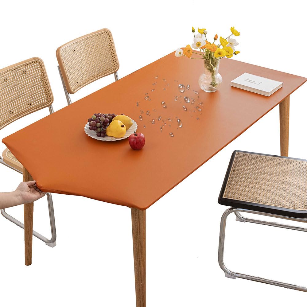 Mateju Rectangular Tablecloth, Rectangle Table Cloth with Elastic Edged Dust-Proof Waterproof PVC Tablecloths Stain Resistant Table Cover Table Decoration Outdoor Indoor (80x130cm,Orange)