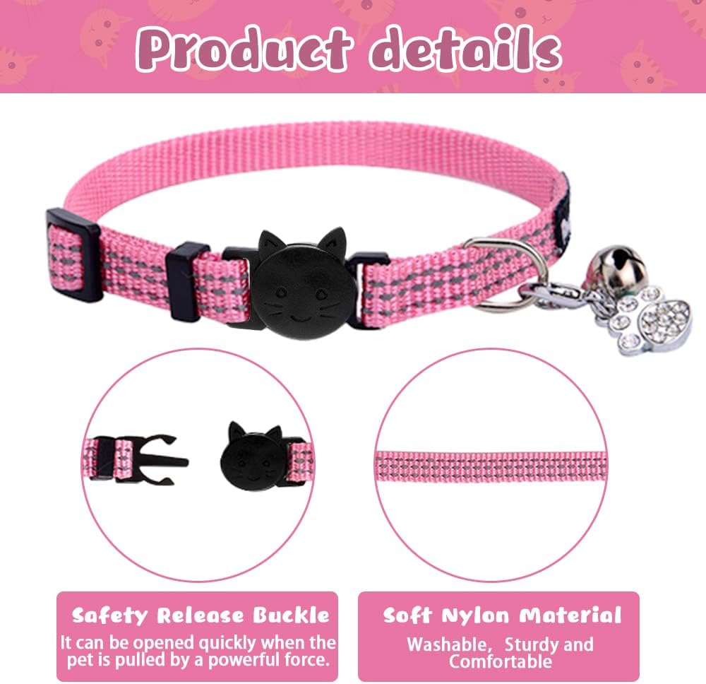 BINGPET Safety Nylon Reflective Cat Collar Breakaway Adjustable Cats Collars with Bell and Bling Paw Charm, Light Pink