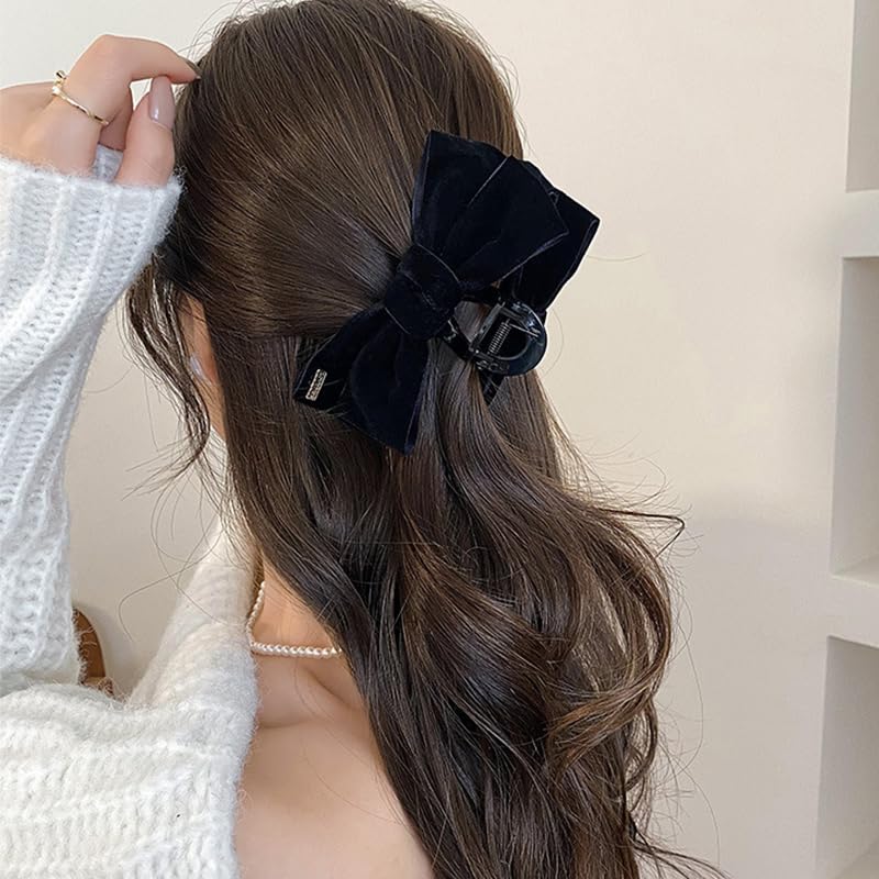 Black Bow Hair Clips for Women Girls 2Pcs Velvet Silky Satin Bow Claw Clip for Long Curly Thick Hair Strong Hold Bowknot Hair Barrettes Claw Jaw Nonslip Hair Catch Clamps Large Hair Accessories - Image 4