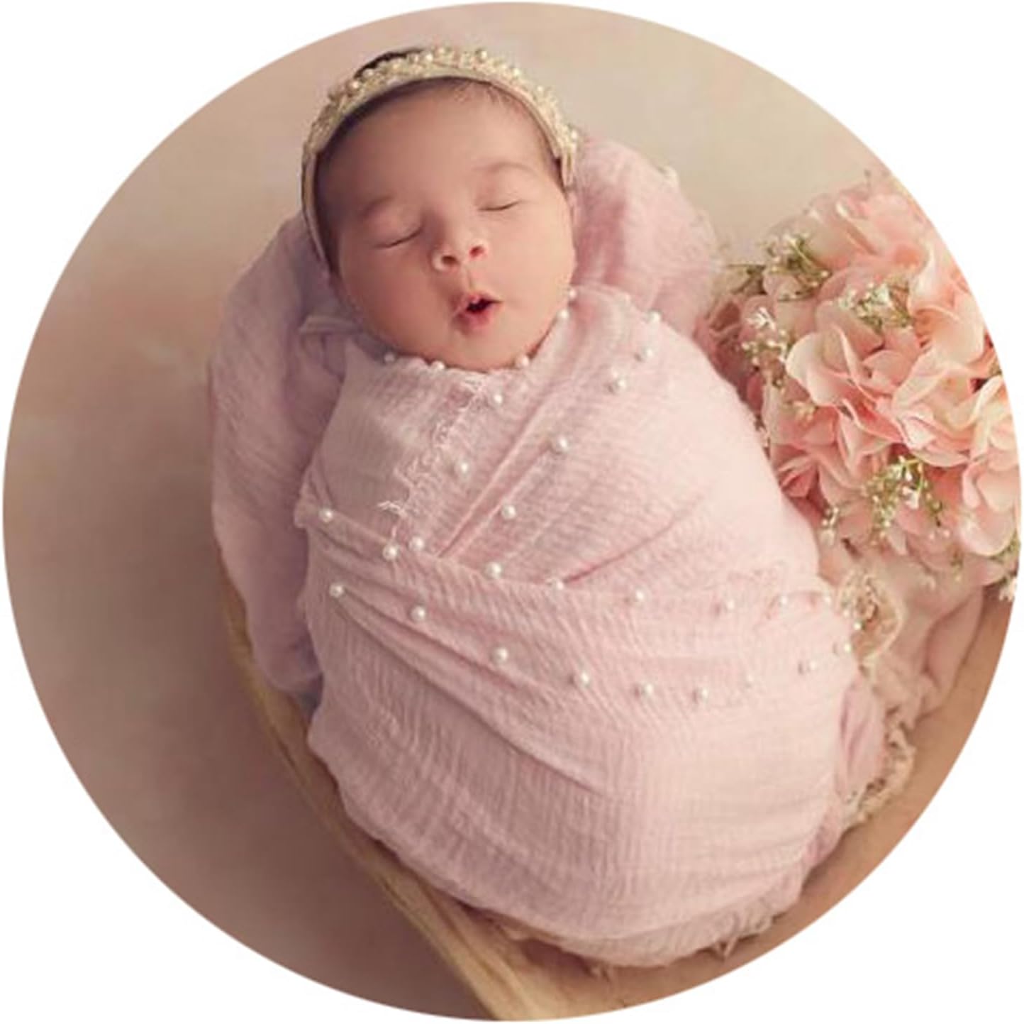 Honra Orraphtstu 2pcs Newborn Photography Props Wraps Pearl Headbands Photoshoot Baby Photo Posing Blanket Layers(Pink)