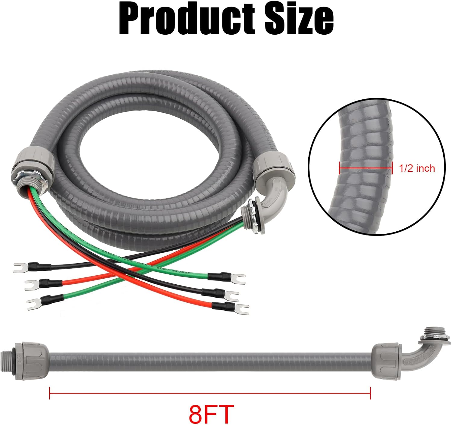 1/2 Inch AC Whip Assembly Kit 8 FT with Terminal, Non-Metallic Liquid Tight Electrical Conduit with 10/3 Gauge THHN Wire for Heater, Air Conditioner, Timer, Mini Split System