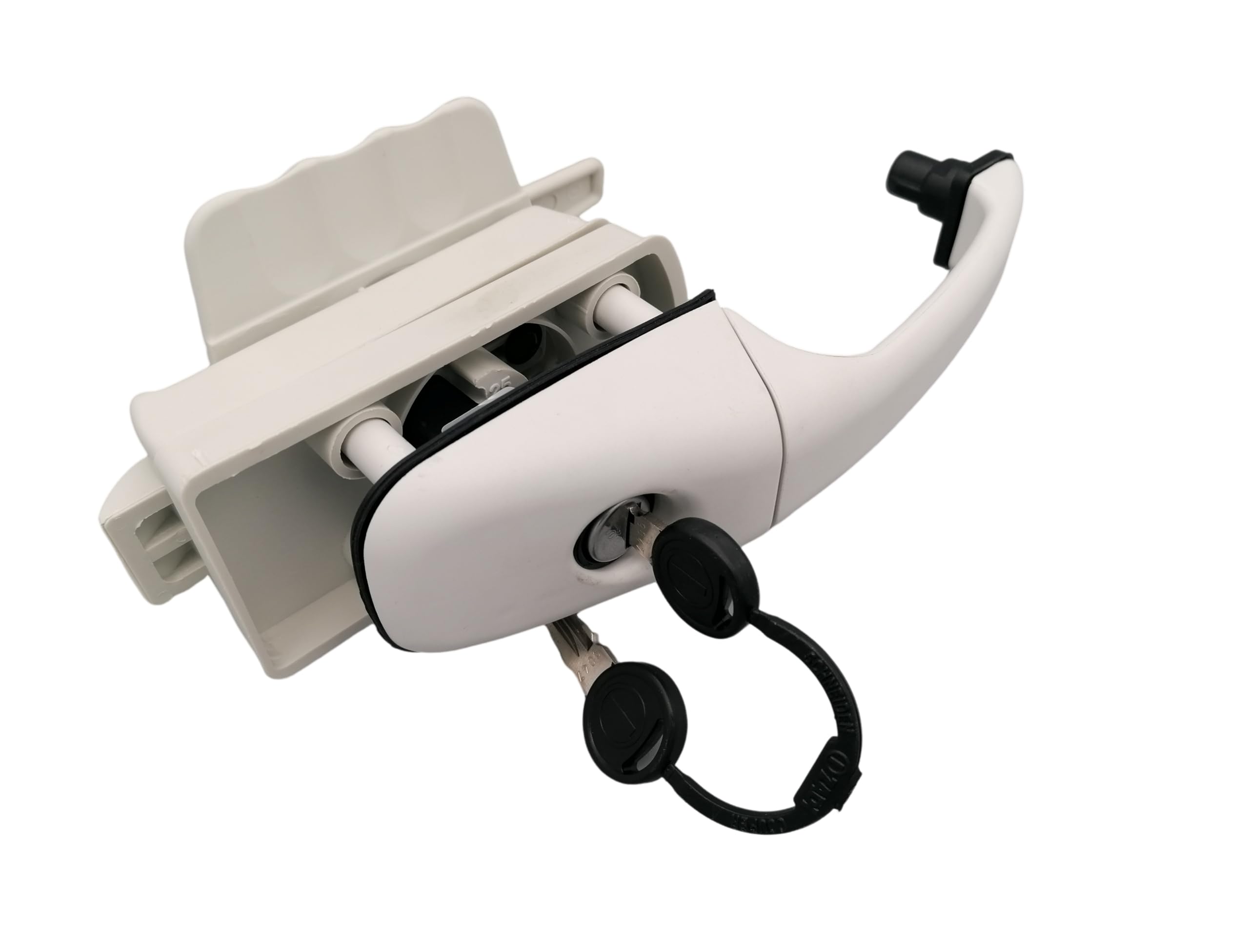 CR-MOESANCO® Cerradura ZADI Oficial | Cerradura Puerta Entrada Caravana y Autocaravana | Maneta de Seguridad con Asa Interior para Furgoneta Camper | Alta Resistencia UV, 2 Llaves (Blanco)
