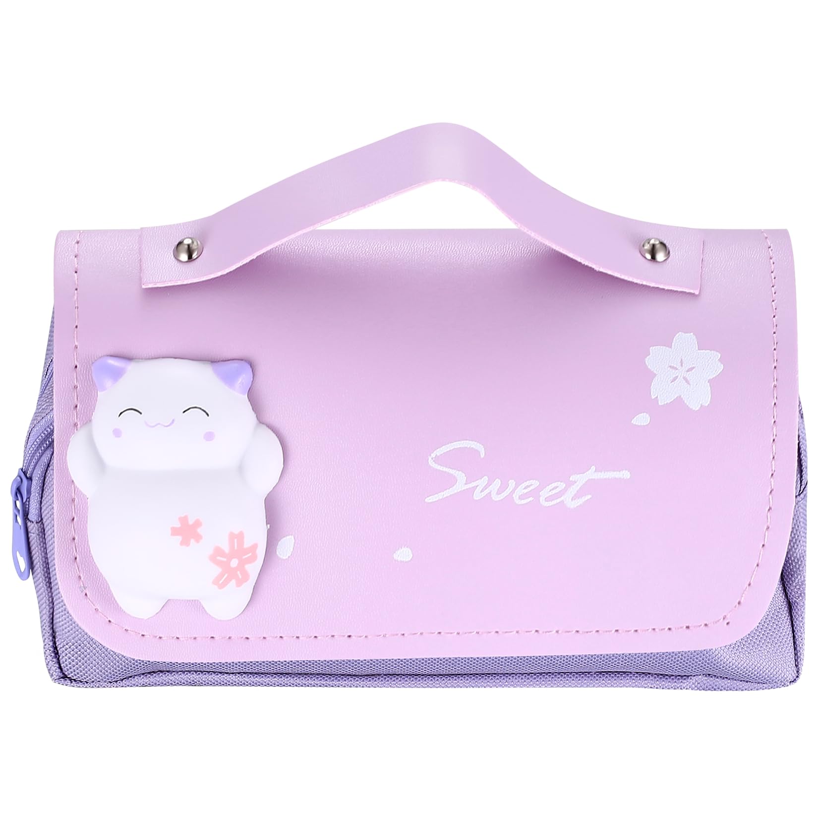 qiwuhai Estuche de Tres Compartimentos para niñas, Estuche grande para lápices, Estuche portátil con Lindos Gatitos, Regalo Escolar para niñas, Mujeres y Adolescentes (Púrpura)