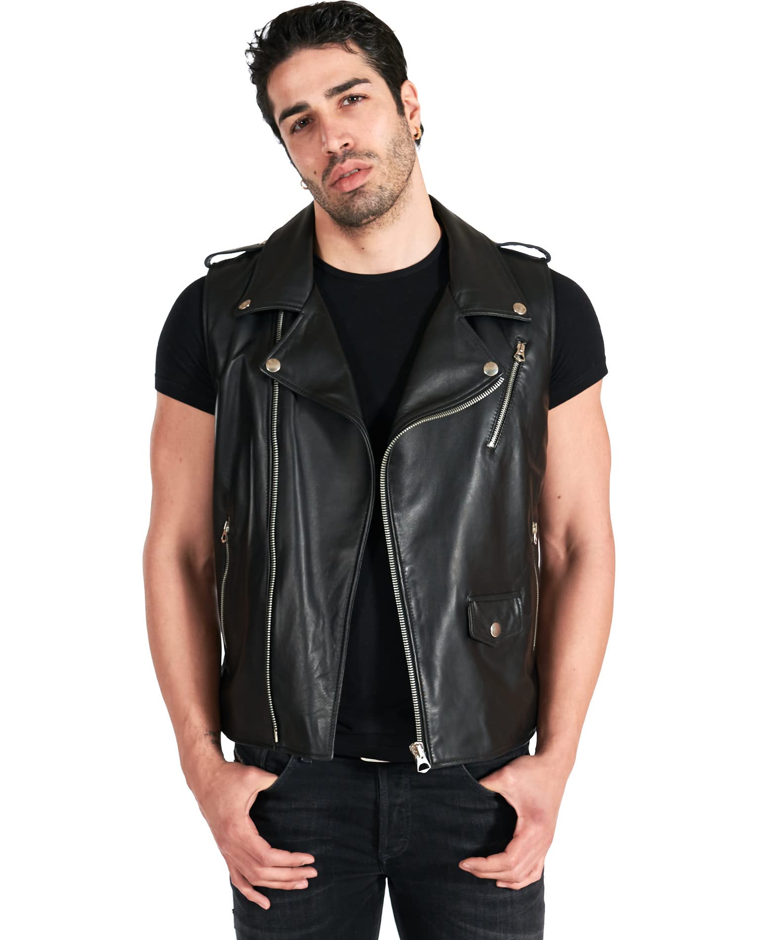 D'arienzo Men's Black Nappa Lamb Leather Sleevless Jacket Biker Style Size 50/M, Color