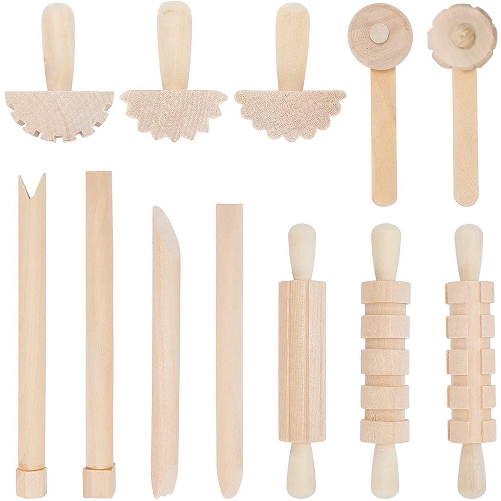 ALOEU 12Pcs Clay and Dough Tools Play Accessories Includes Rollers Hammer Party Pack Wood Pottery Tools Stamps for Clay Art