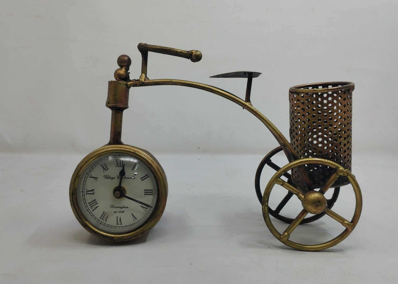 Village Clockworks Vintage Tricycle Desk Clock with Pen Holder, Brass Finish, Antique Gold, Roman Numeral Dial-image-0