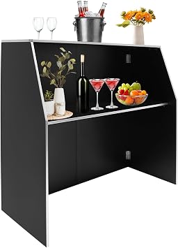 Folding Portable Bar, 4 Folding Portable Event Bar with Top and Middle Shelves, Mobile Laminate Foldable Bar, Mobile Bartender Station for Events Black and White