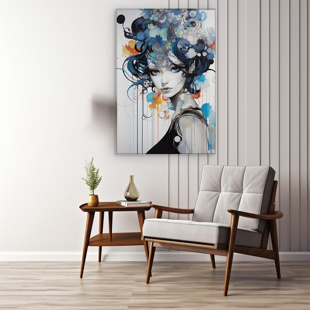 Canvas for Living Room. Captivating Chaos: The Ethereal Beauty of a Blue-Haired Siren on a Dotted Canvas, 27 x 18 inch Canvas Wall Art - Ready to Hang