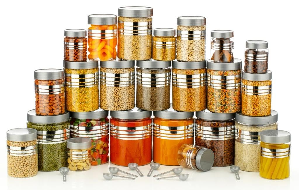 Anshri Plastic Printed Silver Line Airtight Jar Container Set Transparent Masala Box For Kitchen Organizer Storage Jar For Spice,Pack of 24 (6 Pcs of Each 250ml, 350ml, 650ml, 1200ml with 24 Spoons) 1