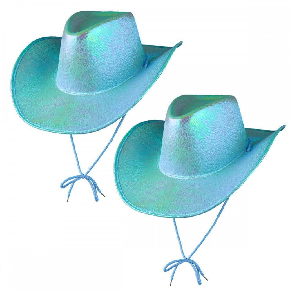 Titch & Timbo 2 Pack Cowgirl Hats (Multiple Options) : Adult Ladies Womens Western Wild West Hen Night Music Festival Barn Dance Rodeo Fancy Dress Cowboy Costume Accessories (Iridescent, Aqua,Aqua)