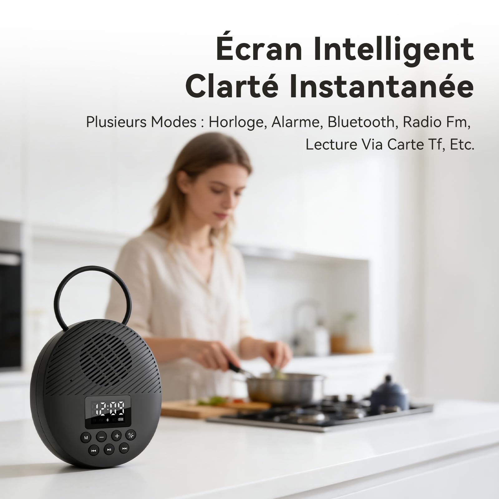 AGPTEK Enceinte Douche Bluetooth 5.4 Portable, Radio de Douche Haut-Parleur Etanche IPX5 avec Ventouse et Lanière, Ecran LCD, Basse HD, 12H Lecture, Appels Mains Libres sans Fil pour Salle de Bain