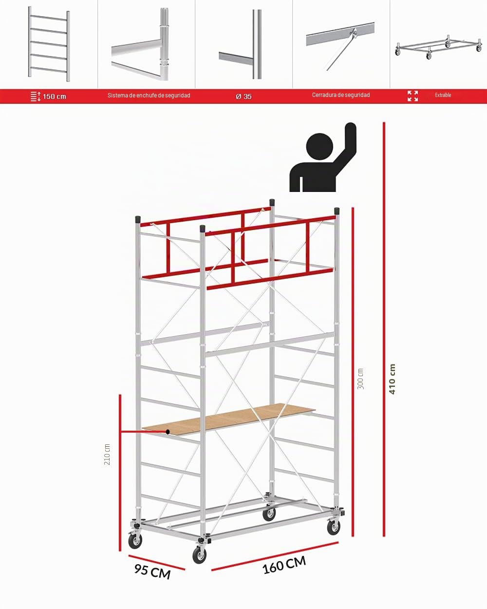 Andamio con altura de trabajo de 4,10 m, de acero, serie M4 LUX 150, fabricado en Italia SCEDIL