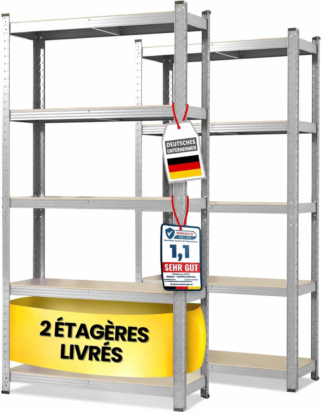 KARAT Ripiani per carichi pesanti – Scaffali a innesto con 5 ripiani regolabili – Scaffalature in metallo ideale per cantina garage magazzino – Set di 2 pezzi, modello Lakota (argento, 200 x 100 x 50