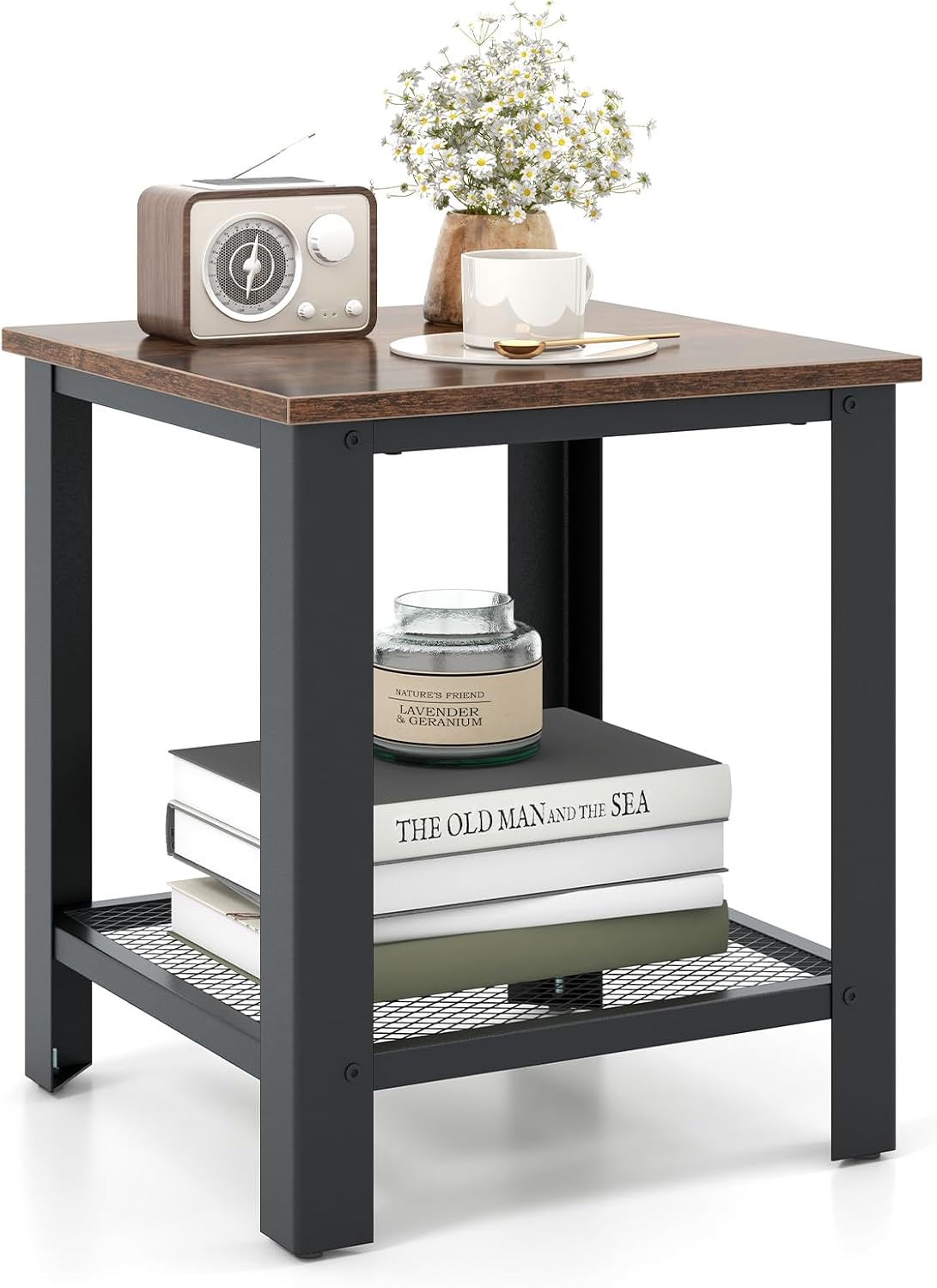 Giantex 2-Tier End Table, 16 Inch Small Side Table w/Mesh Storage Shelf, Industrial Telephone Table with Heavy-Duty Metal Frame, Square Sofa Table for Small Space Living Room, Rustic Brown
