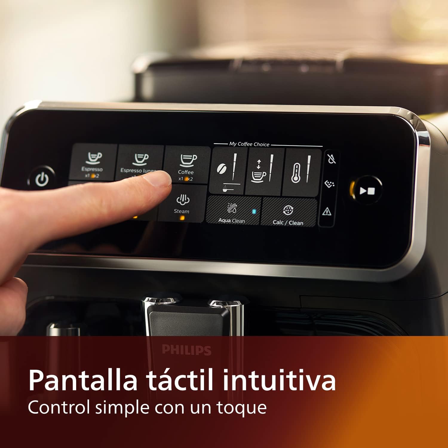 Intuitive touch display of the Philips Series 3200 coffee machine.