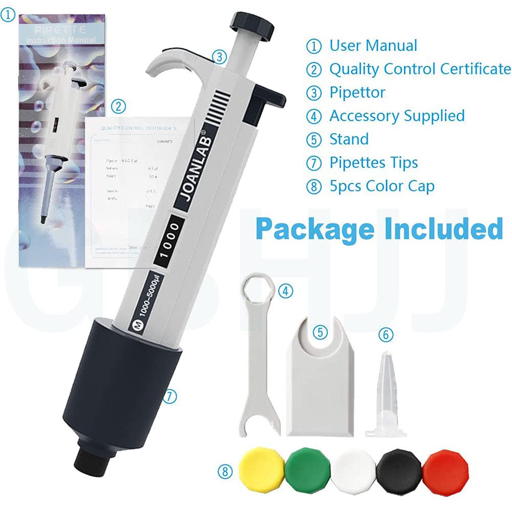 Pipetas Monocanal, Micropipeta 1000-5000Ul Pipeta de Laboratorio De Un Solo Canal Ajustable Micro Pipeta (Incluye 20 Puntas de Pipeta),1000-5000ul